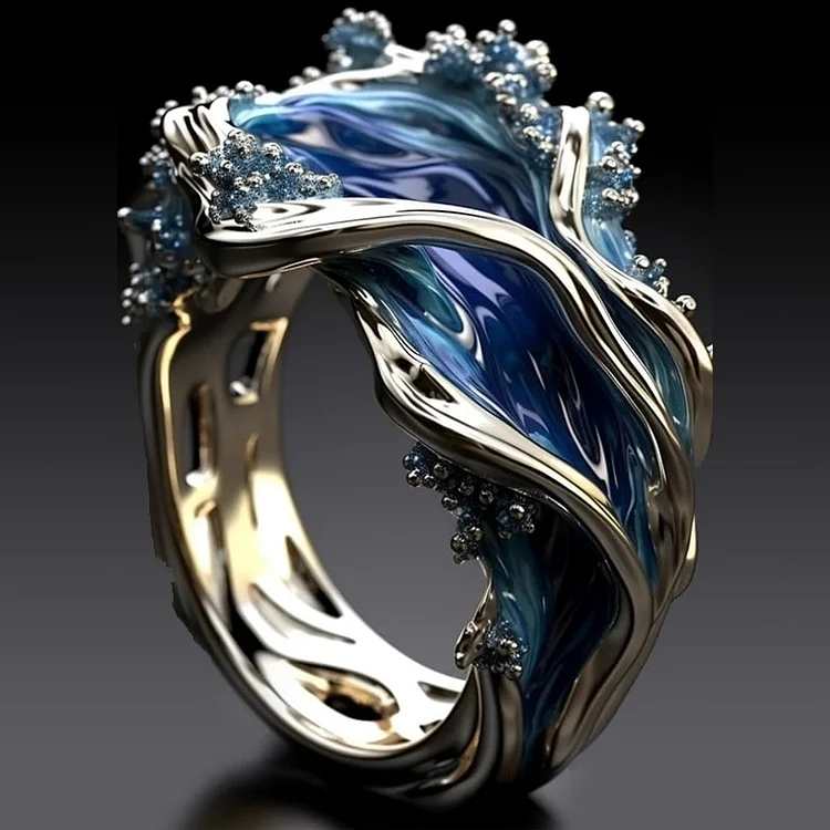 Anillo vintage de oro con olas del océano